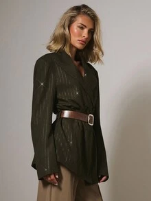 COSMINA 女士优雅束腰亮片条纹西装外套，秋冬 - 咖啡棕 - 查看 6