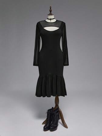 Goth Abito da donna taglie forti in stile gotico, con inserti in rete, balze e orlo a coda di pesce, adatto per indossare dentro e fuori, per tutte le stagioni