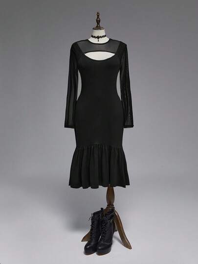 Goth فستان نسائي مقاس كبير من الشبك المفرغ والرقعة مع كشكشة الذيل، مناسب للارتداء الداخلي والخارجي، لجميع المواسم