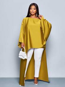 SOLERSUN Women's Solid High Low Hem Flounce Sleeve Asymmetrical Hem Blouse,Ladies Casual Asymmetrical,High Low Long Sleeve Round Neck Loose Long White Batwing Sleeve Top Women Satin Blouses ,Casual Daily Wear