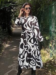 Livesso Vestido de longitud media con cintura ceñida y estampado de cebra para mujer - Blanco y Negro - Ver 5