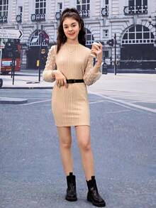 Teen Girls Contrast Swiss Dot Mesh Sleeve Rib-knit Dress Without Belt - Apricot - View 6