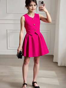 中學生女生荷葉邊裙子優雅2件式上衣套裝 - 玫紅色 - 查看 4