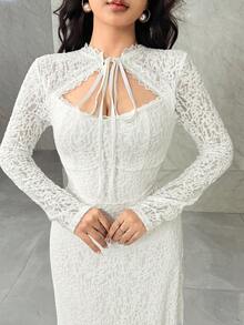 Modelyn Váy ren thanh lịch cho nữ có dây buộc eo, màu trắng tinh khiết - trắng - Xem 3