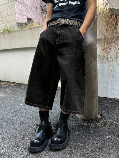 Claim Dot Plus Size Men's Loose Fit Pockets Wide Leg Casual Denim Bermuda Shorts Grunge Shorts