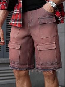 Manfinity Homme 男士时尚水洗做旧牛仔工装短裤，夏季，emo风格 - 紅色 - 查看 4