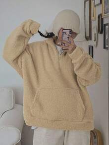 Áo nỉ chui đầu cổ đứng thời trang sang trọng dành cho nữ có khóa kéo nửa - Màu Khaki - Xem 4