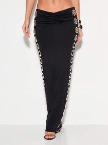KIZN Eyelet Detail Maxi Skirt High Waisted Long Black Column Skirt With Metal Grommet Side Detailing Evening Formal