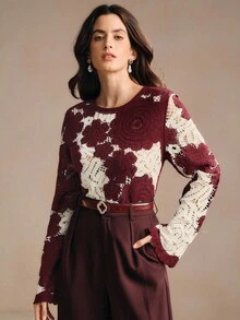 Anewsta Áo len dài tay cổ tròn họa tiết hoa thường ngày cho nữ, mùa thu - Màu Đỏ Sâu - Xem 5