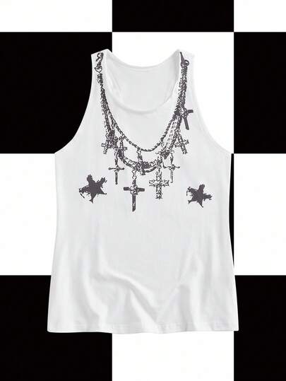 Y2Kool Studio Chunk Camiseta de tirantes holgada con estampado de cruz y pentagrama para mujer, tops góticos, tops punk, tops góticos de cadena, tops de concierto, ropa casual y elegante, colección de atuendos para Año Nuevo