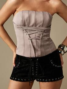 MISSGUIDED Strapless Corset Top With Lace Up Detail And Panel Seaming For Fall Fashion - Khaki - View 4