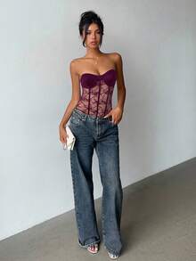 Aloruh 女士蕾丝透视性感抹胸紧身衣 - 中紫紅色 - 查看 6