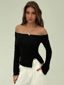 Aloruh 优雅露肩喇叭袖白色撞色修身套头长袖 T 恤 - 黑色 - 查看 4