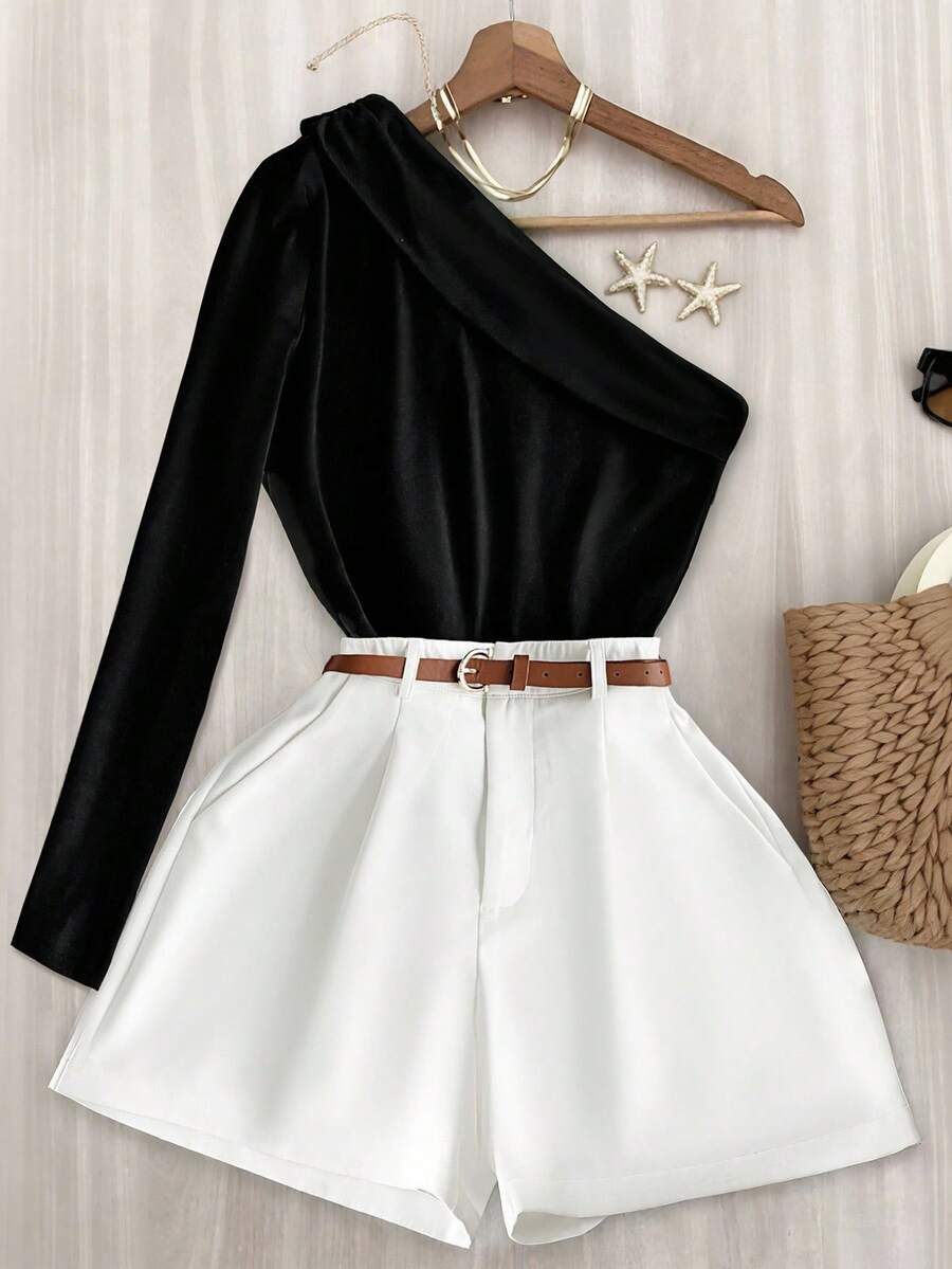 Franclia 1 set femei moda casual plisată mânecă lungă Slim Fit top + simplu versatil pantaloni scurți noi costum - alb - Vizualizare 1