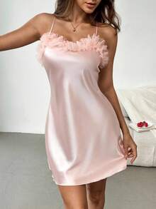 Aloruh 女式无袖荷叶边下摆睡裙粉色蕾丝秋季万圣节优雅别致派对睡衣裙 - 淺粉色 - 查看 8