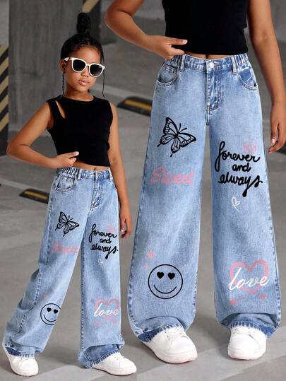 Sparklyn Tween Girls Y2K Style Jeans, Vintage Denim Fabric, New Arrival For Autumn/Winter, Letter & Butterfly Face Print, Light Blue Washed Denim, Straight Loose Wide Leg Fit, Casual & Versatile, Comfortable Denim Fabric, Elastic Waistband Design For Easy Wear, Suitable To Pair With Sweatshirts, Jackets For Multiple Occasions Fall