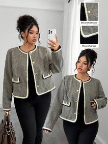 SHEIN Elenzya 大码女式黑白花卉拼布圆领仿口袋长袖常规夹克 - 彩色 - 查看 1