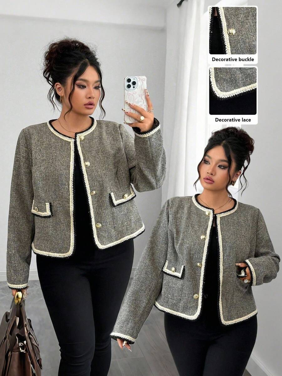 SHEIN Elenzya 大码女式黑白花卉拼布圆领仿口袋长袖常规夹克 - 彩色 - 查看 1