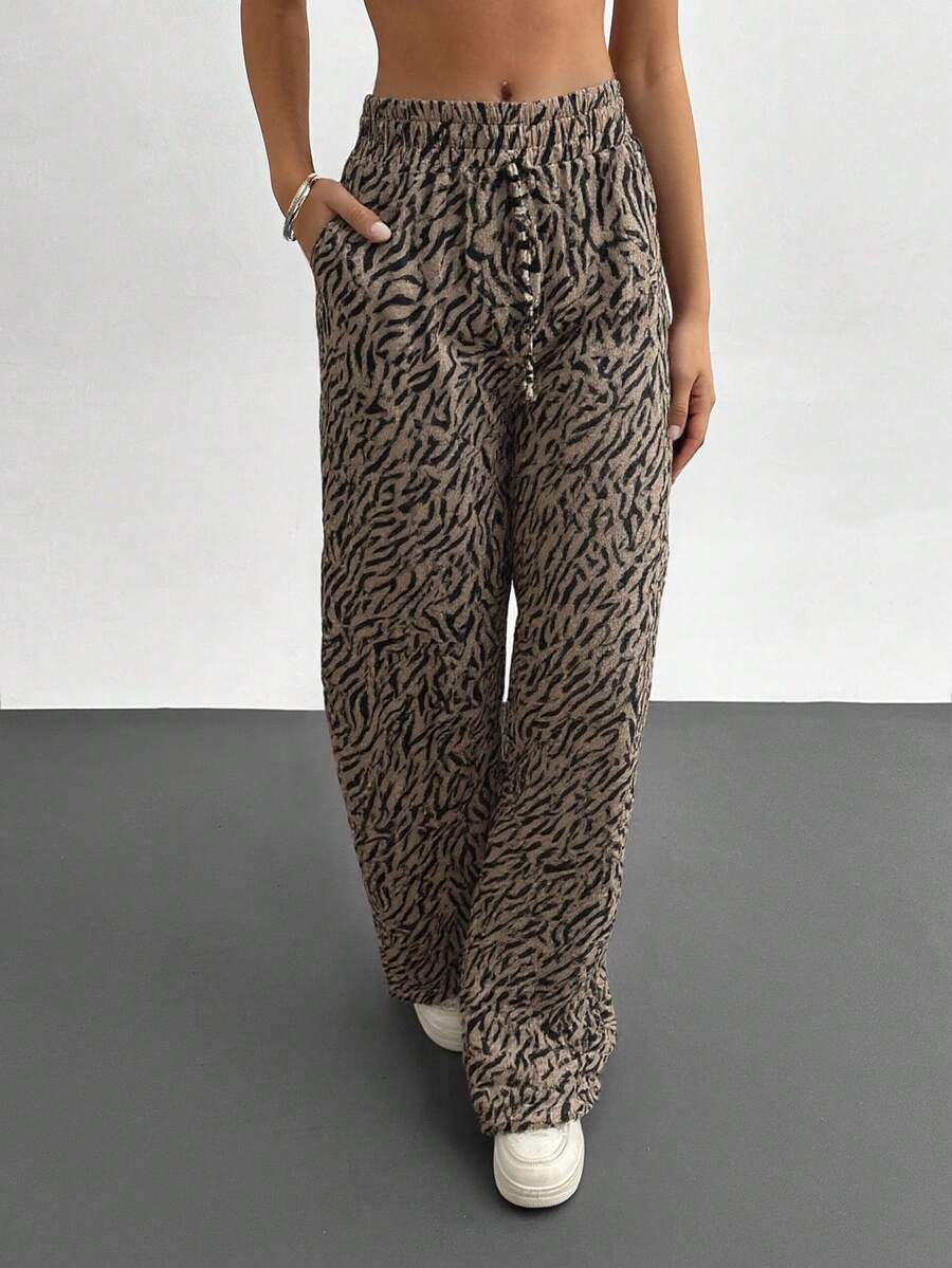 EURMUSE Women's Drawstring Waist Pockets Zebra Print Wide Leg Loose Casual Pants - Brown - View 1