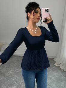 Elenzga 女士休闲纯色束腰毛衣 - 藍色 - 查看 5