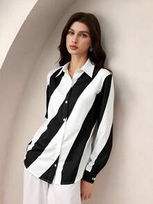BizChic Camisa de mujer a rayas negras y blancas con botones delanteros, elegante, romántica y versátil, adecuada para invitados de boda, fiestas, conciertos, brunch, aeropuerto y moda diaria, también apta para Halloween y Navidad