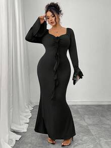 SHEIN Clasi 大码女式纯色针织方领长袖荷叶边修身长裙，优雅奢华派对装 - 黑色 - 查看 3