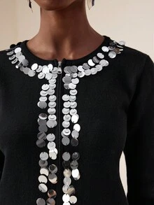 Vesra Women's Round Neck Long Sleeve Jacket With Metal Zipper, Sequin & Shiny Trim, Thin Cardigan Fall Winter Cloth For Women - Multicolor - View 1