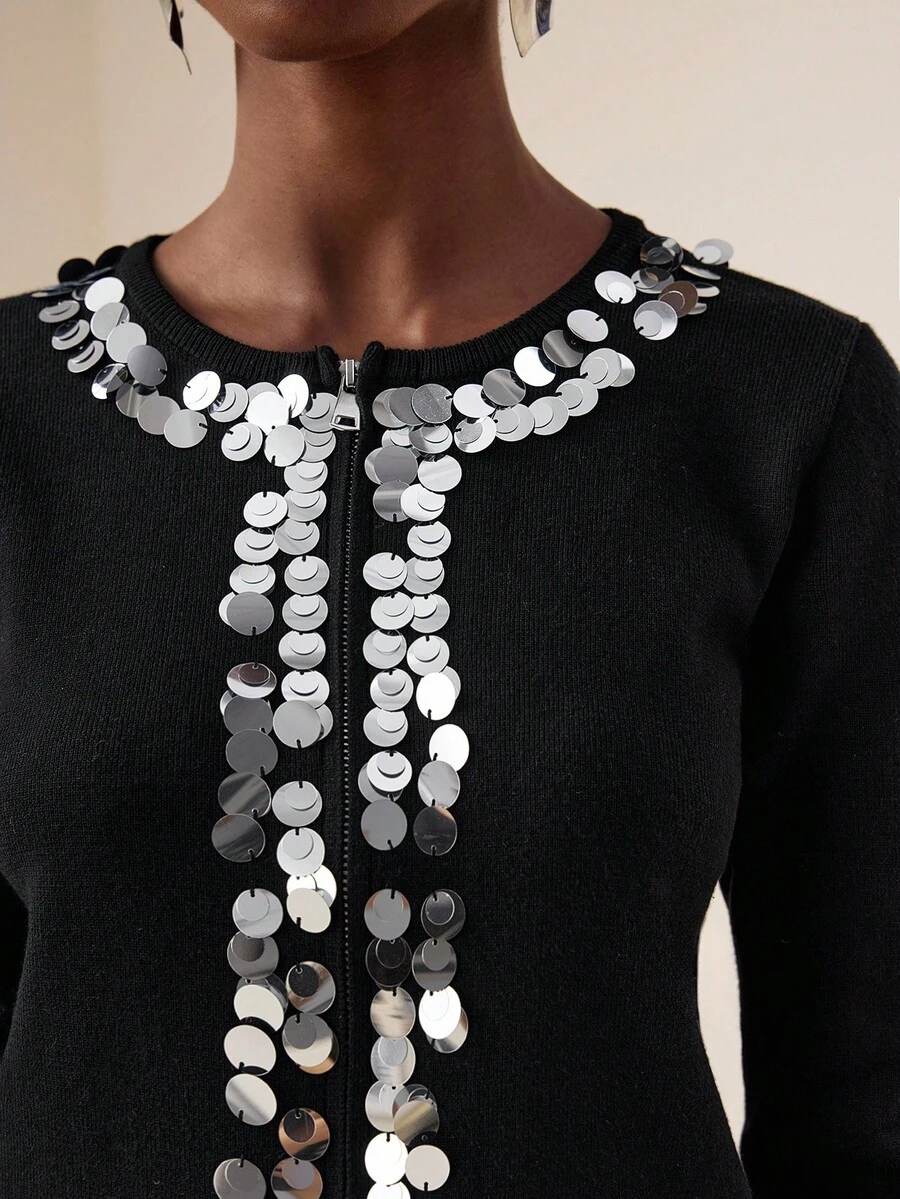 Vesra Women's Round Neck Long Sleeve Jacket With Metal Zipper, Sequin & Shiny Trim, Thin Cardigan Fall Winter Cloth For Women - Multicolor - View 1