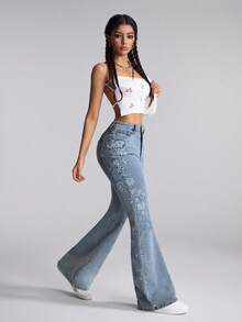 SHEIN EZwear Quần jeans ống loe cạp thấp thêu hoa thanh lịch dành cho nữ - Màu xanh lam - Xem 4