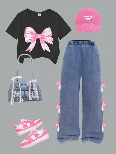 SHEIN 2 件套女童 Y2K 蝴蝶印花 T 恤和 3D 蝴蝶结牛仔长裤套装，适合夏季