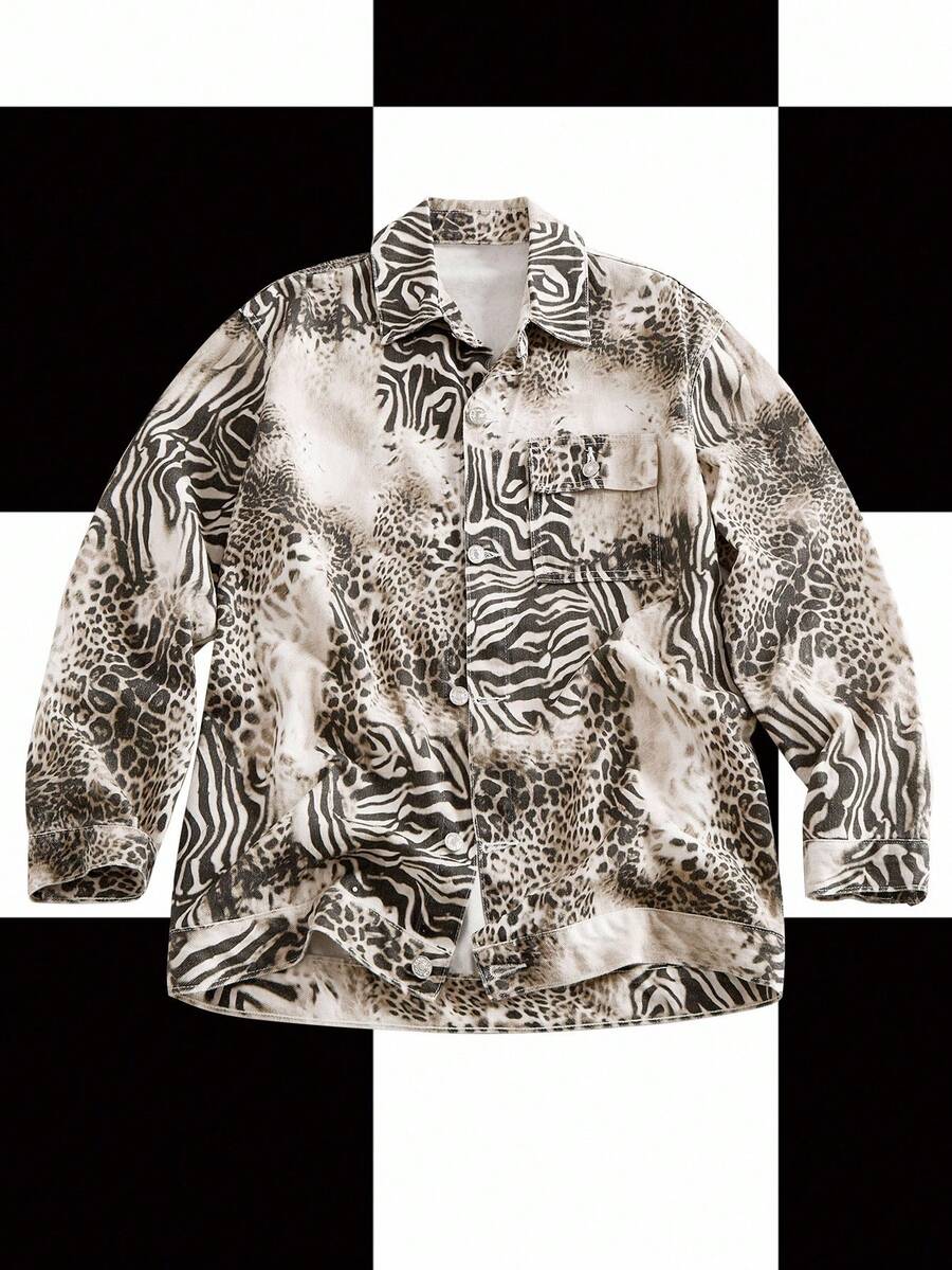 Glamance 女士豹纹、斑马纹、动物纹牛仔夹克外套，适合万圣节、街头、返校派对、晚宴、Y2K风格动物纹衬衫、虎纹衬衫、豹纹衬衫、斑马纹衬衫、猎豹纹衬衫搭配建议，冬季时尚服装系列，新年穿搭 - 深灰色 - 查看 1