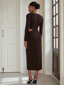 Aveloria Modichic Elastic Midriff Exposed Shoulder Sexy Metal Buckle Long Sleeve Dress - Coffee Brown - View 2