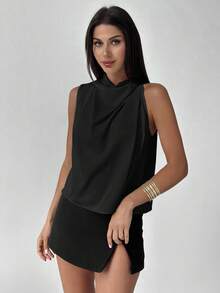 Firerie Women's Elegant Fashion New Commuting Office Daily Vacation Music Festival Asymmetrical Pleated Apricot Blouse, Spring/Summer,Black Tops