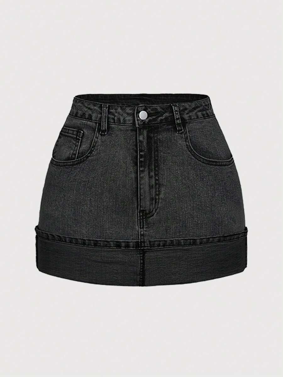SHEIN MOD 女式休闲水洗牛仔迷你裙，夏季 - 深灰色 - 查看 1