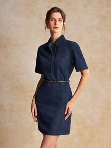House of One Dark Washed Denim Collared Button-Up Short Sleeves Mini Dress Women Casual Spring Autumn