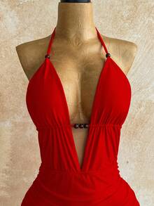 Soleia Váy ngắn hở lưng buộc dây cổ chữ V sâu gợi cảm dành cho nữ, dáng ôm sát, thích hợp cho tiệc tùng, hẹn hò, trà chiều, kỳ nghỉ hè trên bãi biển gợi cảm và thời trang - Đỏ - Xem 8