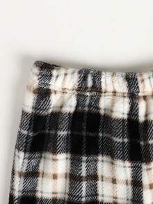 Tween Girl Loose Casual Minimalist Comfortable Round Neck Long Sleeve Fleece Top & Plaid Pants Pajama Set - Black and White - View 5