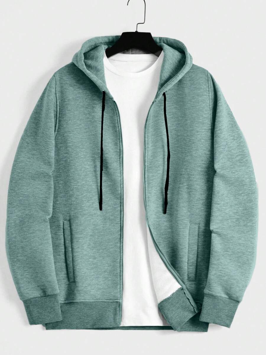 EURMUSE Cotton Men Zip Up Drawstring Hoodie Without Tee - Dark Green - View 1