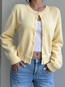 SHEIN Teen Girls Yellow Cardigans Knitwear Casual Solid Color Round Neck Long Sleeve Loose Cropped Girl Cardigan Sweater, Warm Comfort, Cozy Chic, Daily Commute,Halloween,Fall,Winter,Autumn,Christmas,Y2k,Summer