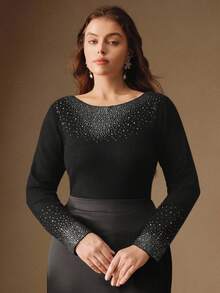 Anewsta Elegant Luxury Formal Chic Black Plus Size Rhinestone Embellished Off Shoulder Wool Sweater, Suitable For Fall/Winter, Christmas, New Year, Party - Black - View 4
