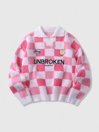 Street Life Men's Checkerboard Embroidery Pattern Loose Cropped Long Sleeve Sweater