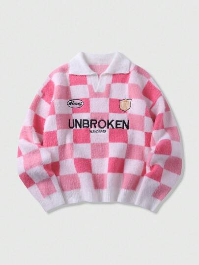 Street Life كنزة صوفية كروشيه بأكمام طويلة فضفاضة بنمط مربعات مطرزة للرجال، خريف وشتاء