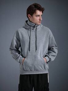 DRIFTMERE 男士休闲纯色半拉链连帽卫衣，春秋季套头衫，运动上衣，男士连帽衫，冬春夏皆宜 - 灰色 - 查看 1