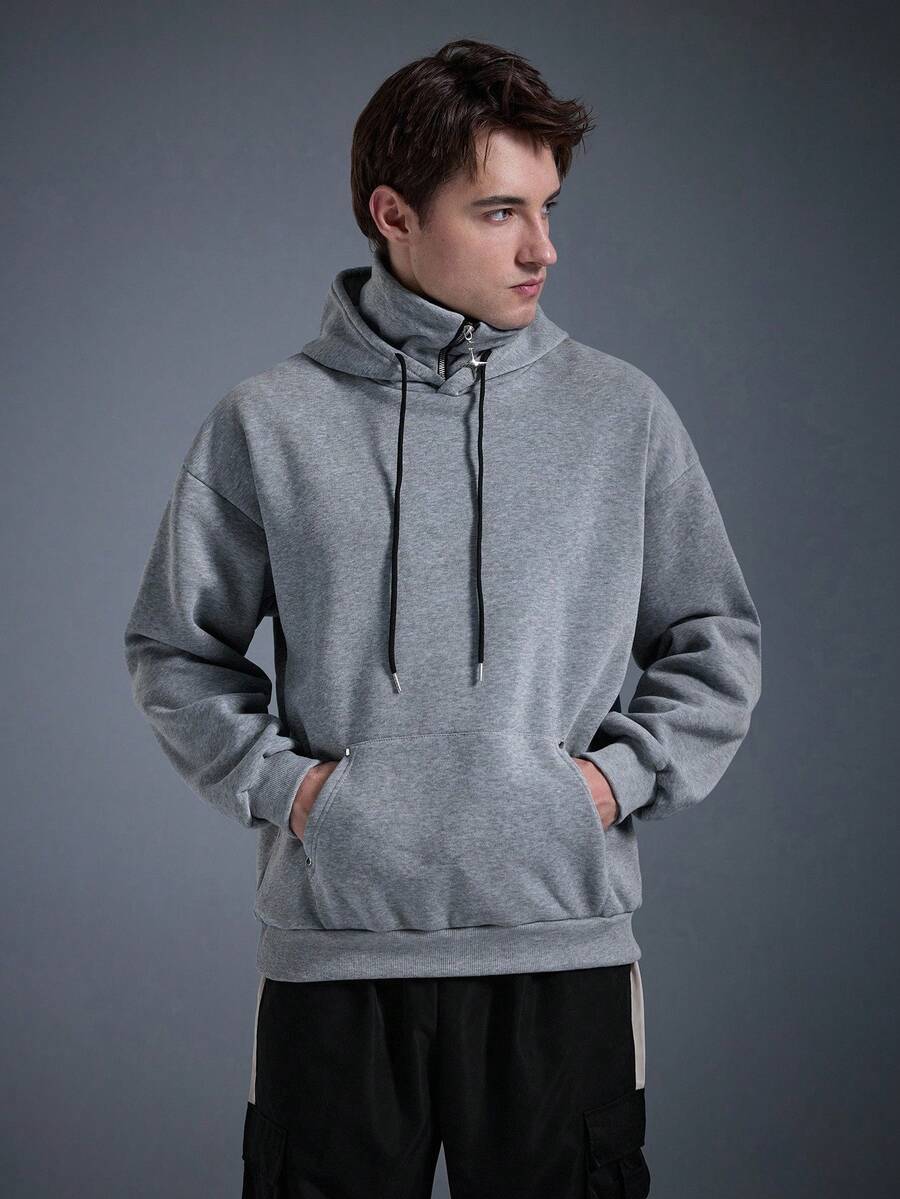 DRIFTMERE 男士休闲纯色半拉链连帽卫衣，春秋季套头衫，运动上衣，男士连帽衫，冬春夏皆宜 - 灰色 - 查看 1