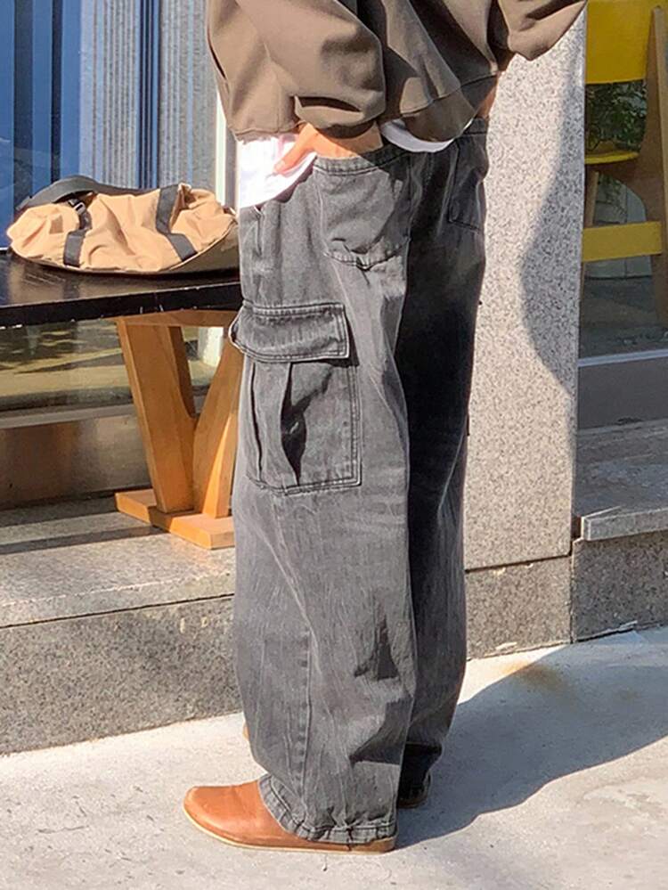 Men's Solid Color Washed Gray Contrast Color Drawstring Waist Design Jeans, Autumn Jeans For Men Cargo Baggy