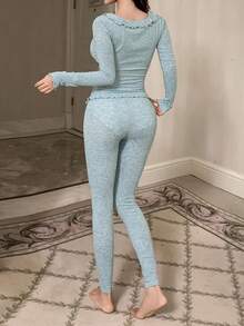 DAZY Fitted Knit Ruffle Collar Women Pajama Set, Fall Winter Clothes - Blue - View 2