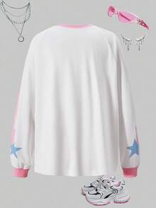SHEIN Explorewe 1 件 Tween Girl 美式运动长袖 T 恤，适合青少年女孩，舒适柔软的面料，适合运动、休闲装、学校、摄影、旅行和各种场合，时尚、轻便、必备上衣、街头服饰 - 白色 - 查看 2