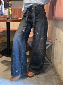 DAZY Women's Korean Style Loose Rhinestone Washed Distressed Casual Jeans - Black - View 2