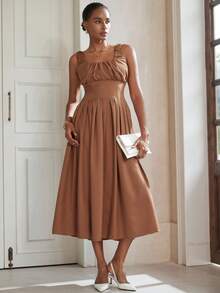 GENKIRA Vestido sin mangas con busto y dobladillo plisados, estilo minimalista para ir al trabajo, elegante - Marrón - Ver 3
