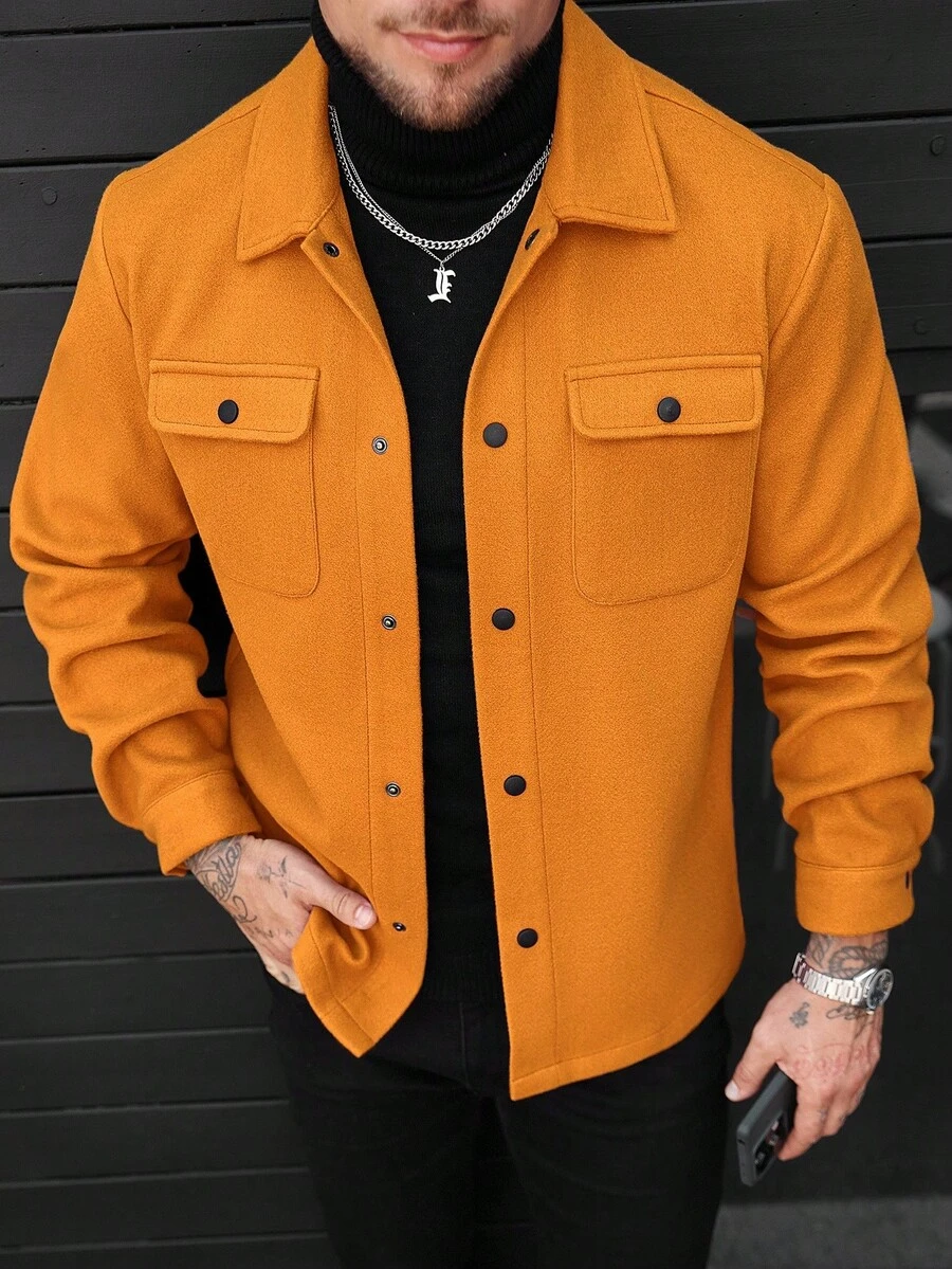 Manfinity Homme 男士翻盖口袋时尚橙色长袖大衣，秋冬款 - 珊瑚橙 - 查看 1